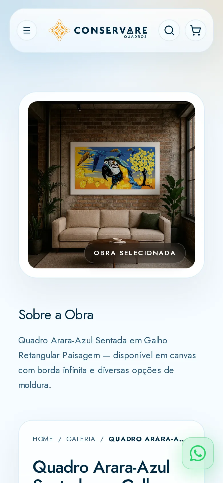 Página de produto da Conservare Quadros no celular, com a obra ambientada e a seção Sobre a Obra
