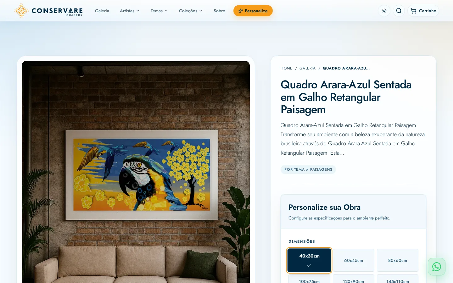 Página de produto do quadro Arara-Azul na Conservare Quadros, com a obra ambientada e o seletor de dimensões